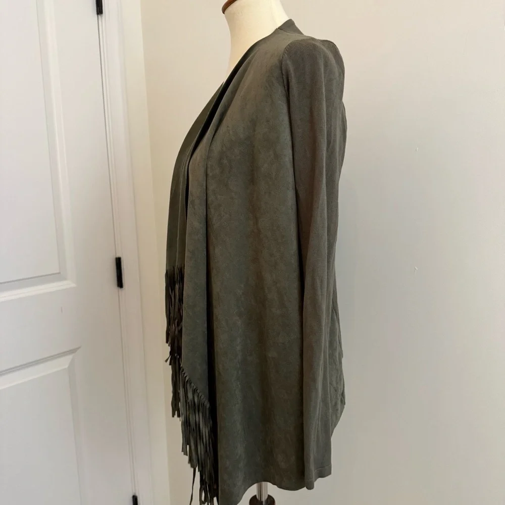 INC Olive Green Fringe Front‎ Knit Long Sleeve Cardigan Sweater Size S Western